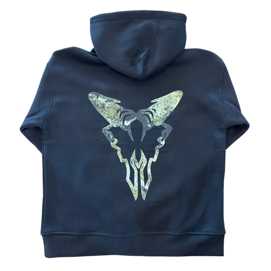 A black Tahr Country Hoodie showing a large camouflage Tahr Head printed on the back.