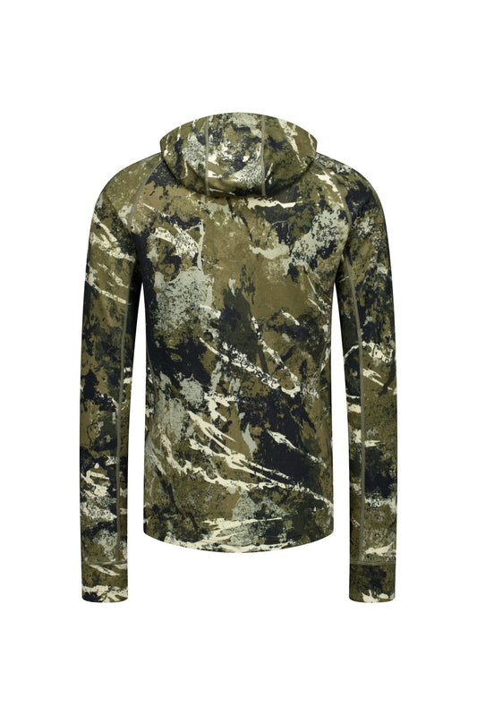A zip-up 100% merino hoodie in Tahr Country snow melt camouflage print with a full front zip, chest pocket, and built-in hood.