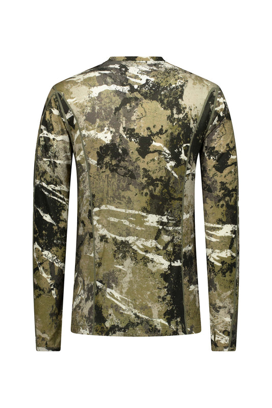 The back view of a 100% merino long sleeve top in Tahr Country Snow Melt camouflage print.