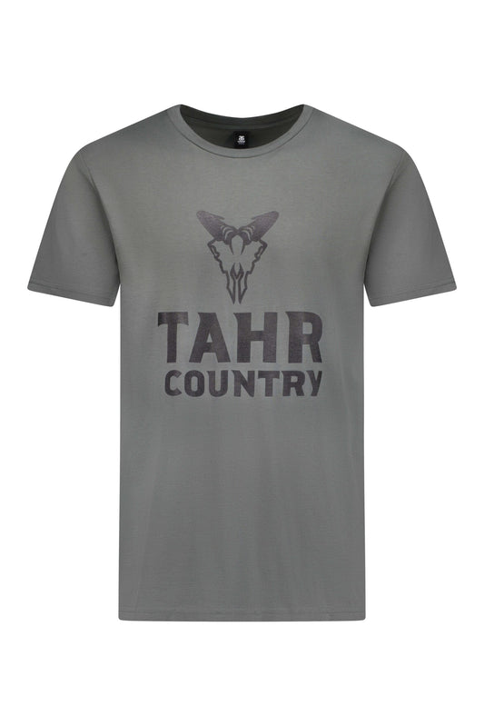 A charcoal T-shirt with TAHR COUNTRY printed on the front in bold letters, featuring a graphic of a tahr's head above the text.